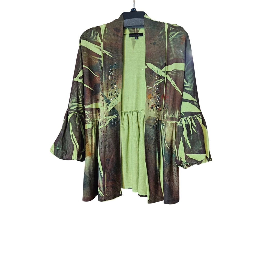 B.L.E.U. Woman Green Abstract Print Beaded Boho Cardigan Bell Sleeve 2X artsy